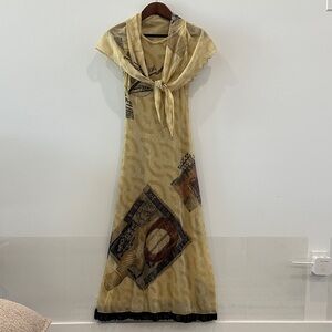 Yellow Patterned Maxi Dress with Tie Neck